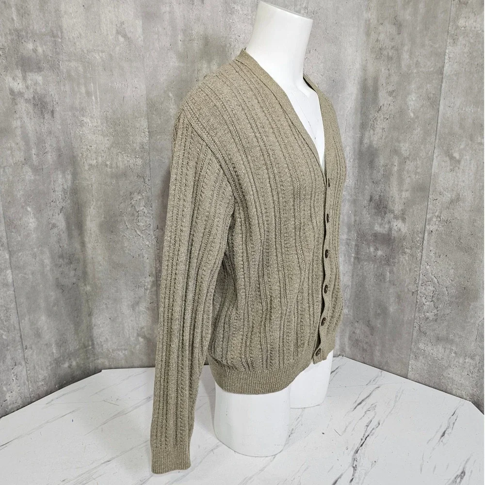 Oscar De La Renta XL Rib Knit Cardigan Sweater Beige Grandpa Quiet Luxury Y2K